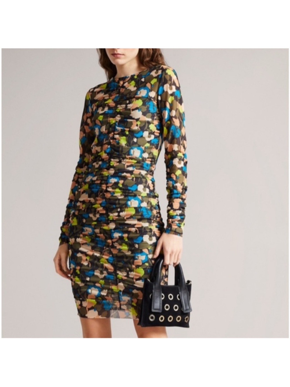 Ted baker Long Sleeve Ruched Printed Bodycon Dress in Multi-Color Sz 6 XL 14